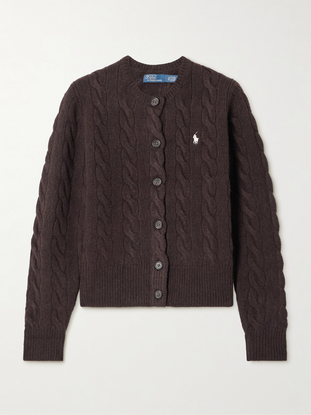 Polo Ralph Lauren Embroidered Cable-knit Wool And Cashmere-blend Cardigan In Brown