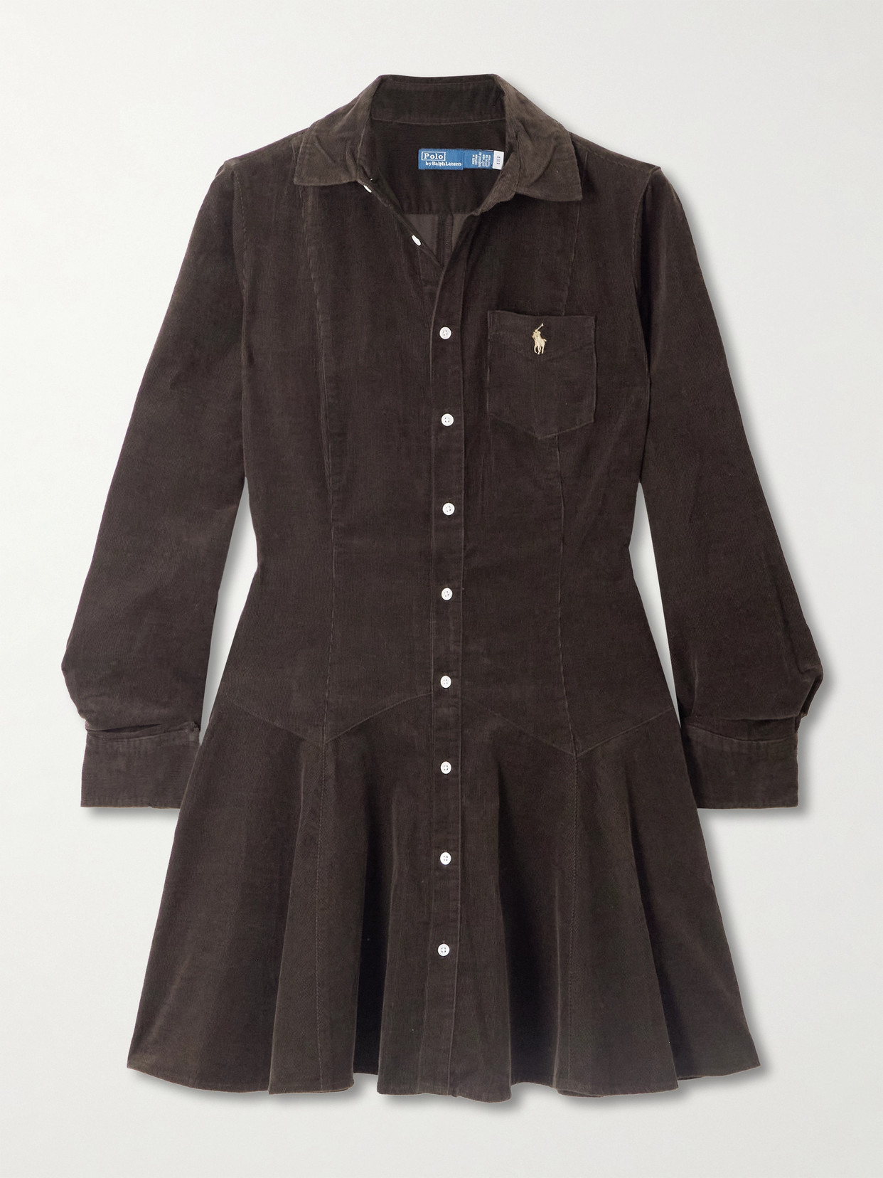Polo Ralph Lauren Embroidered Cotton-corduroy Mini Shirt Dress In Brown