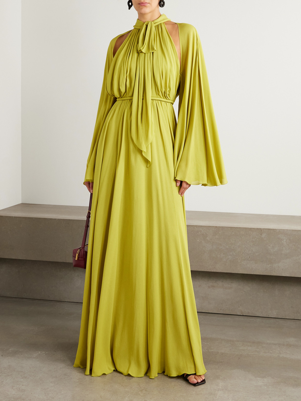 Giambattista Valli Pussy-bow Cape-effect Gathered Crepe Gown In Yellow