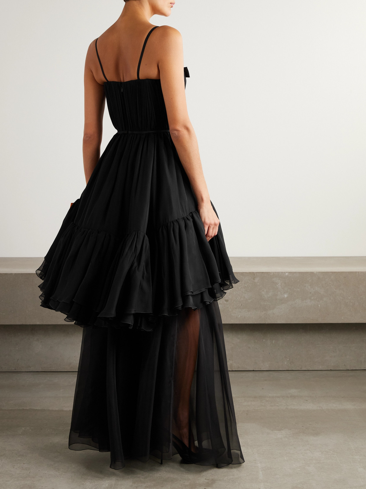 Giambattista Valli Layered Satin-trimmed Ruffled Silk-chiffon Gown In Black