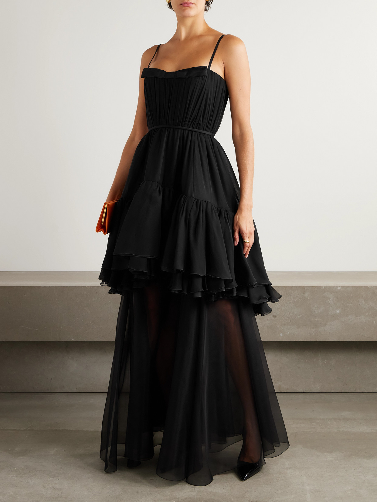 Giambattista Valli Layered Satin-trimmed Ruffled Silk-chiffon Gown In Black
