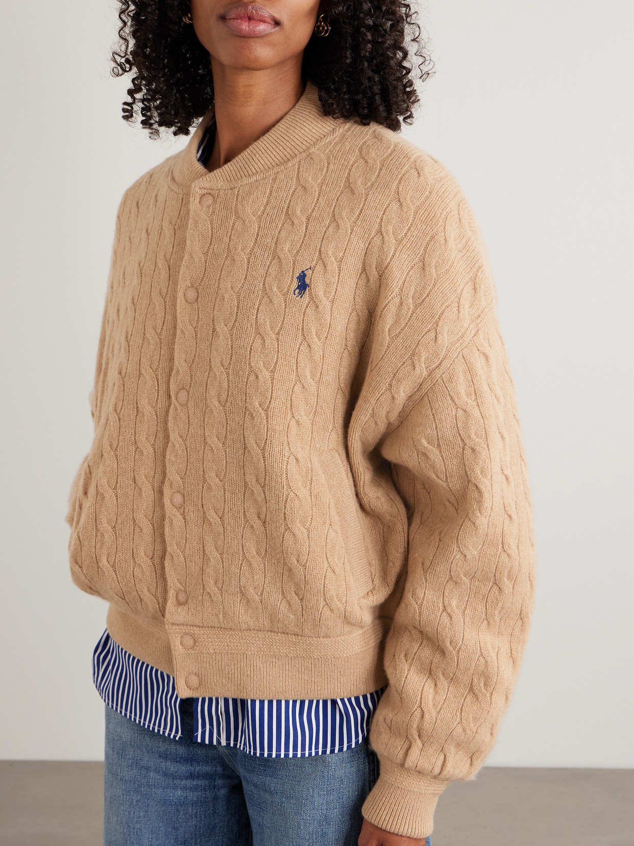 Polo Ralph Lauren Embroidered Cable-knit Wool And Cashmere-blend Bomber Jacket In Brown