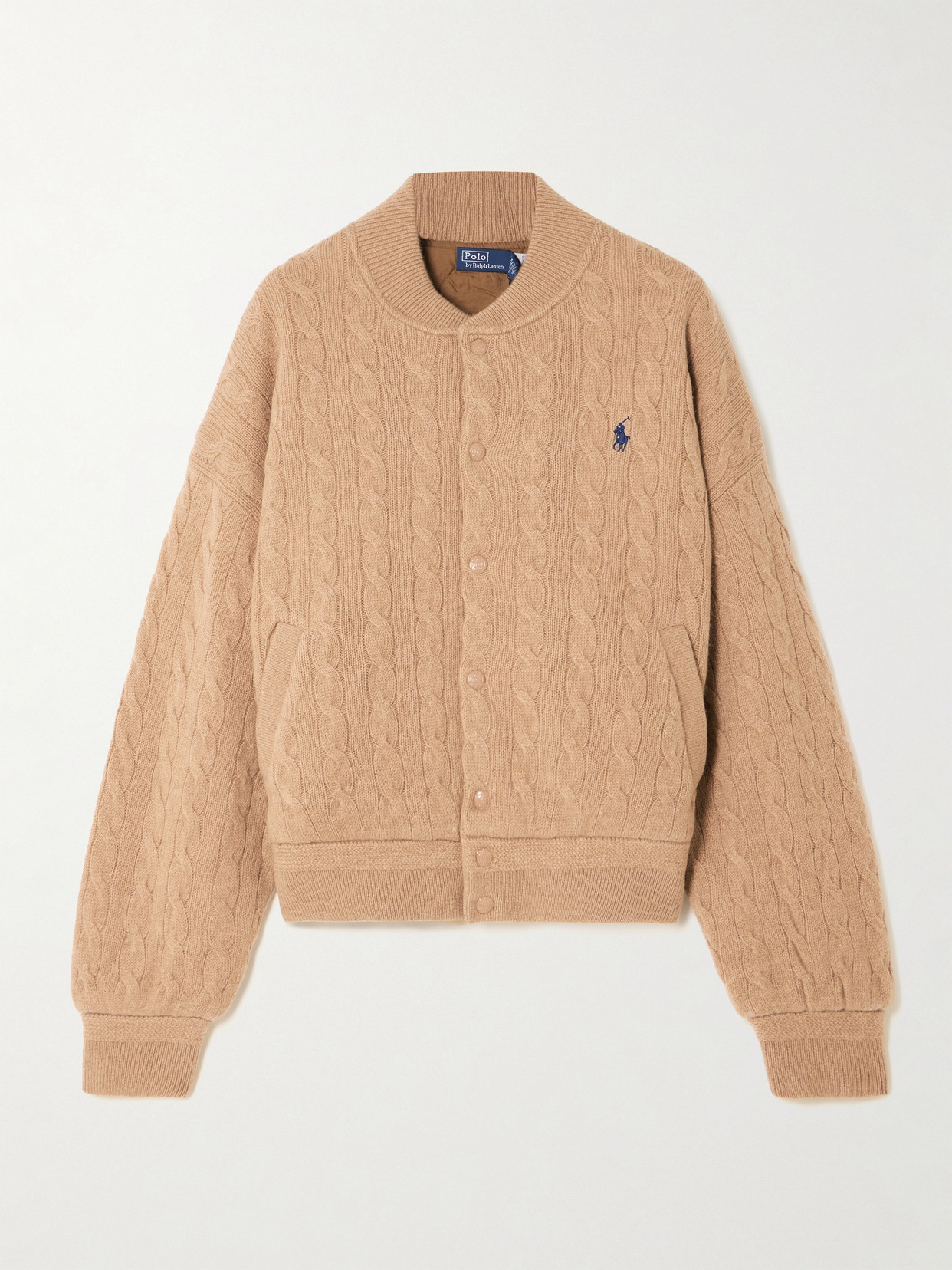 Polo Ralph Lauren Embroidered Cable-knit Wool And Cashmere-blend Bomber Jacket In Brown
