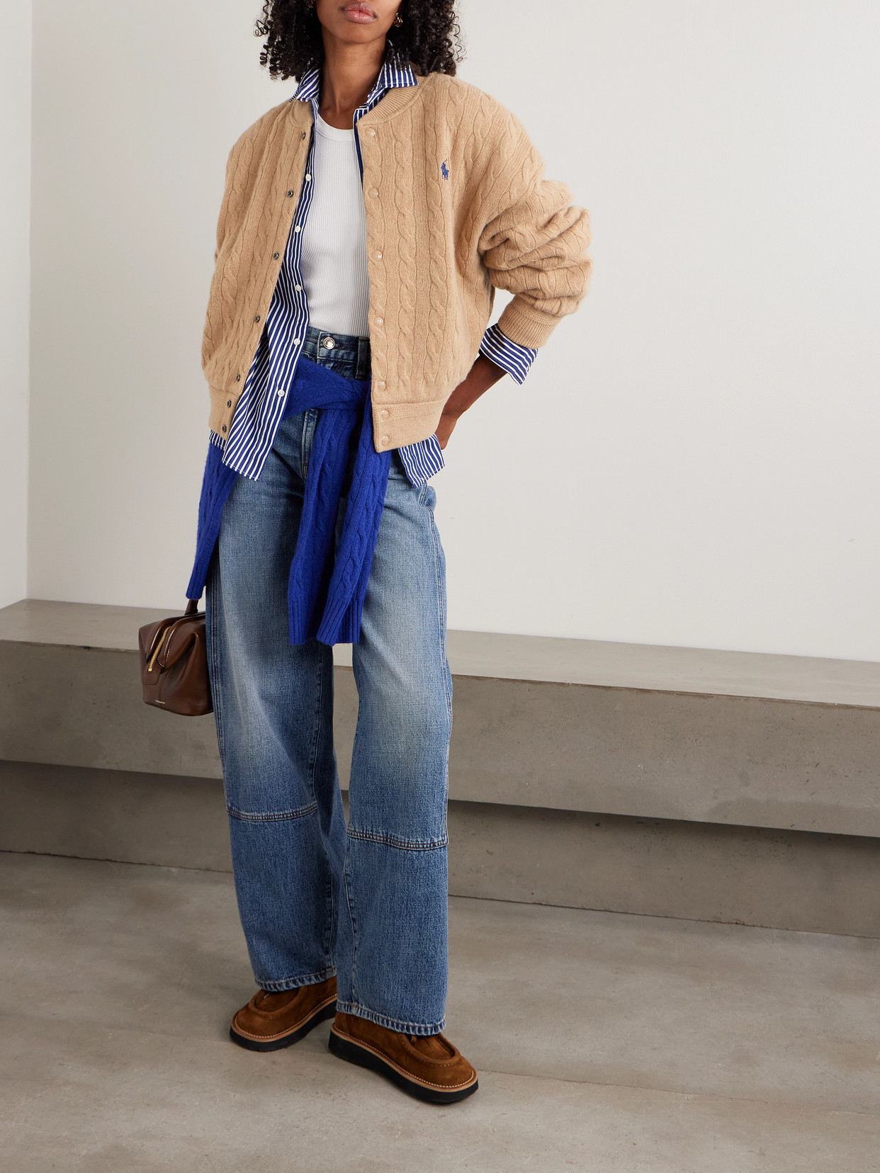 Polo Ralph Lauren Embroidered Cable-knit Wool And Cashmere-blend Bomber Jacket In Brown