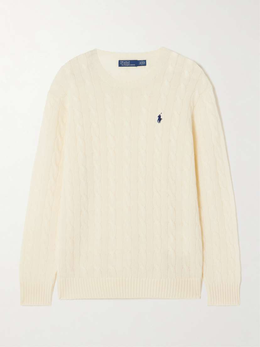 Polo Ralph Lauren Embroidered Cable-knit Wool And Cashmere-blend Sweater