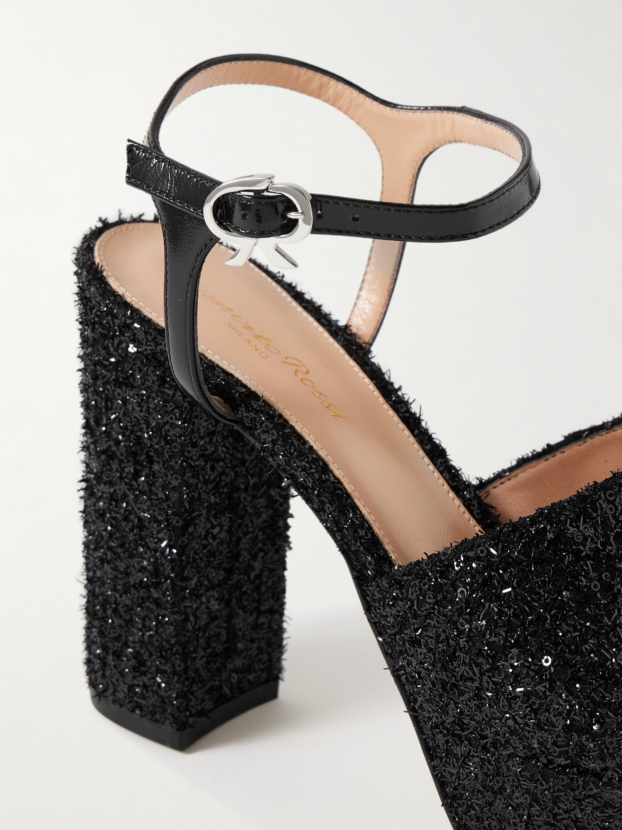 Gianvito Rossi 110 Patent-leather Trimmed Embellished Tulle Platform Sandals In Black