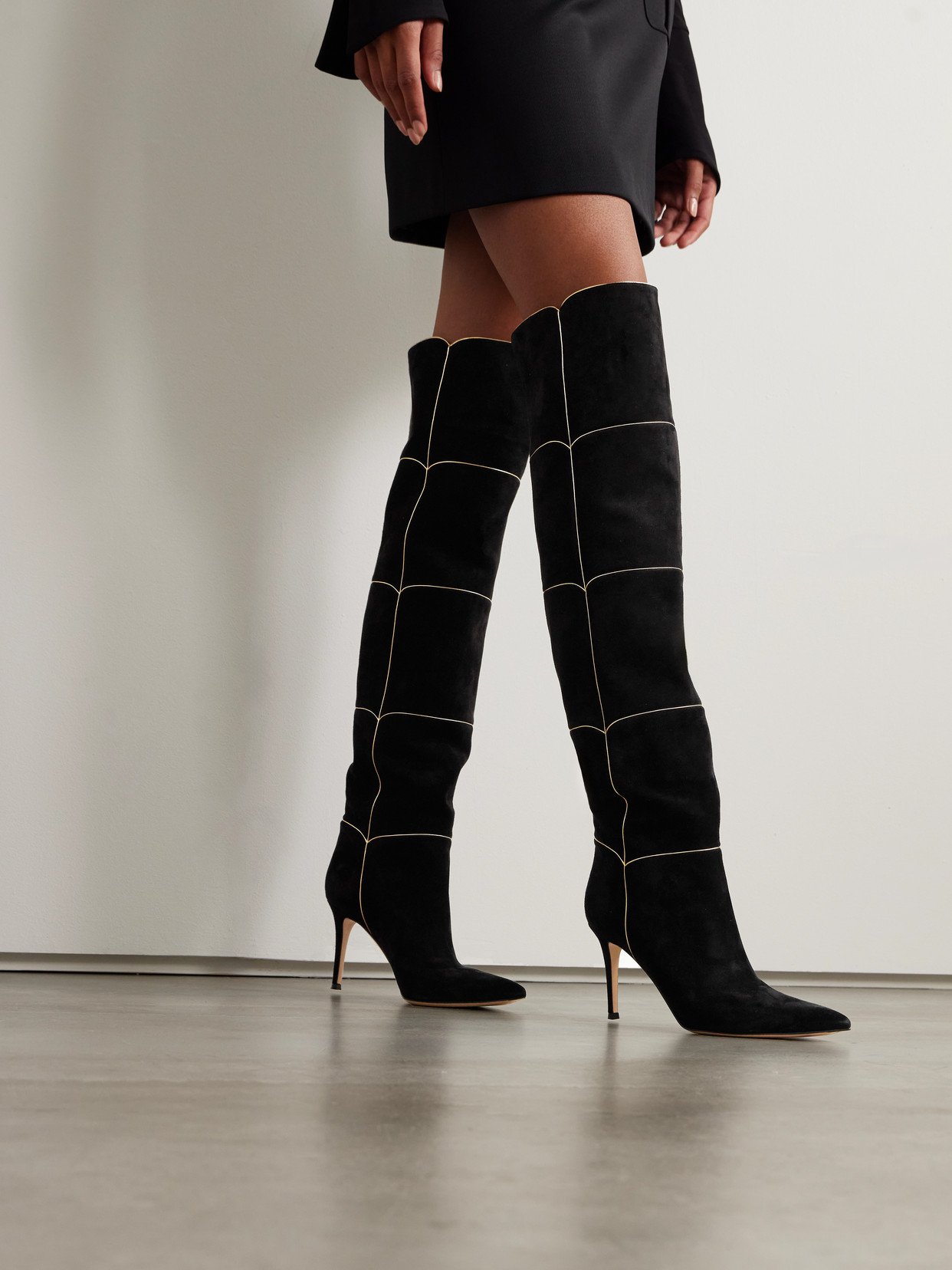 Gianvito Rossi Clarice 85 Metallic Leather-trimmed Suede Over-the-knee Boots In Black