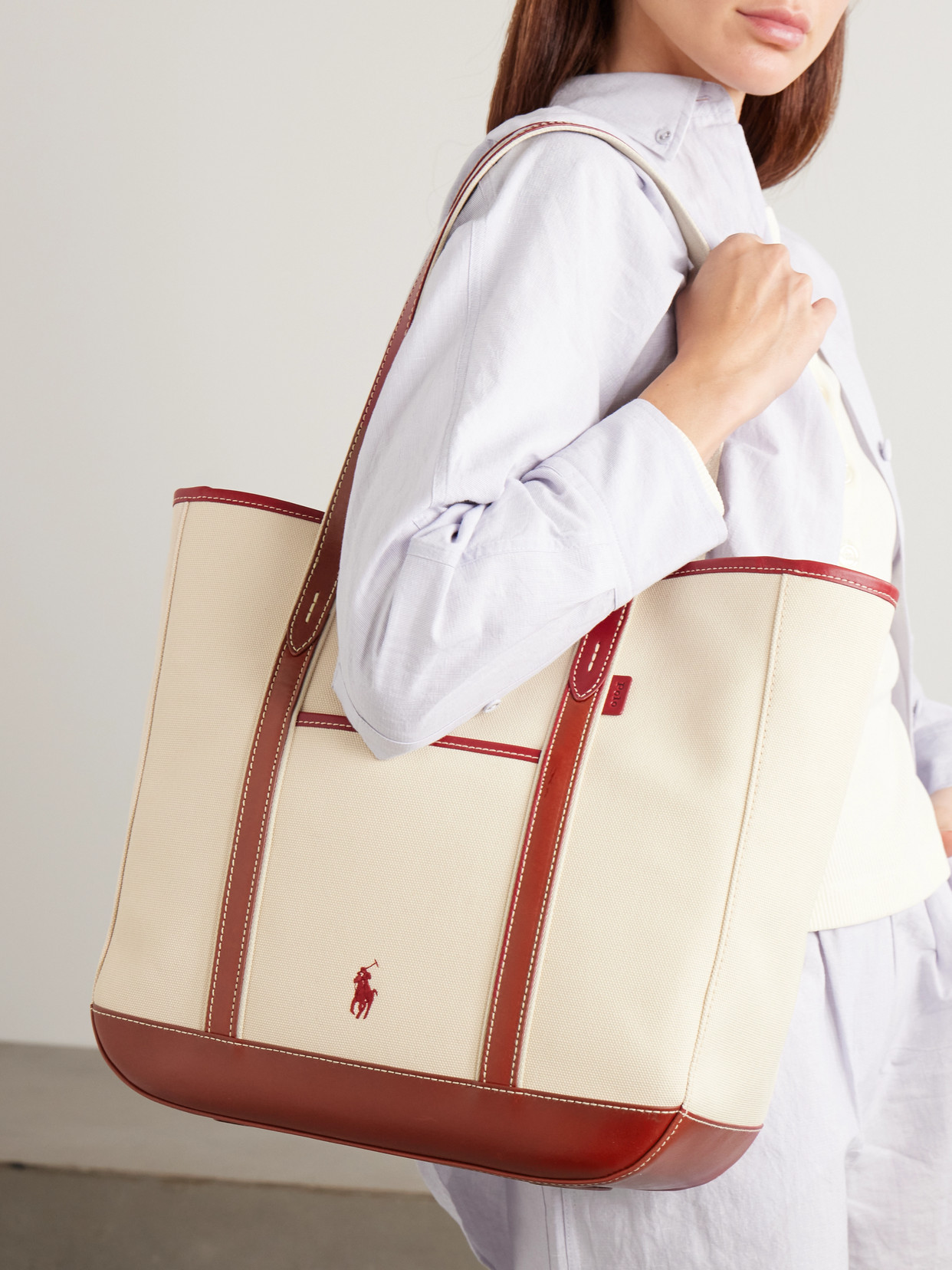 Polo Ralph Lauren Medium Leather-trimmed Cotton-blend Canvas Tote In Red