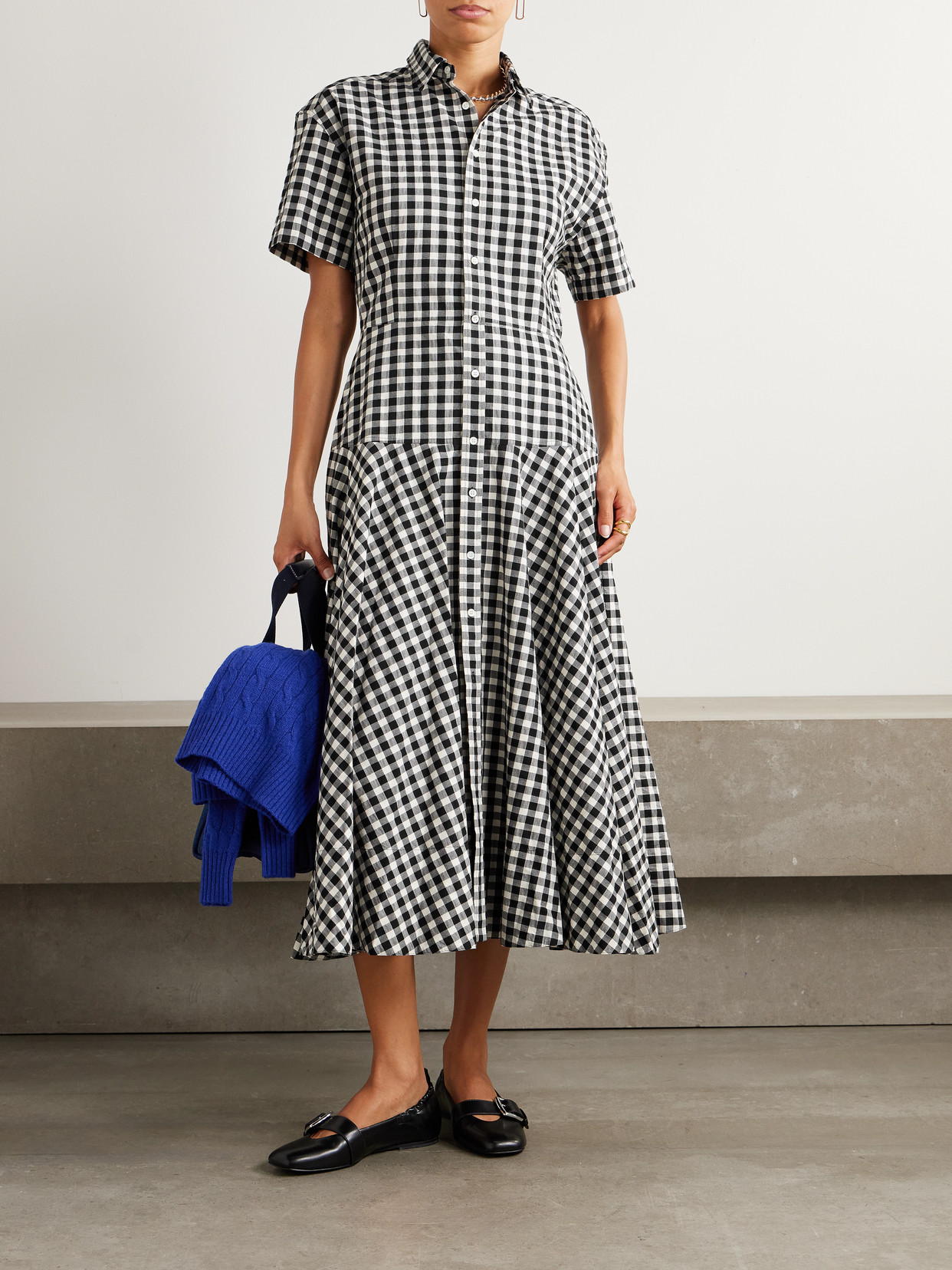 Polo Ralph Lauren Gingham-check Collared Midi Shirt Dress In Black