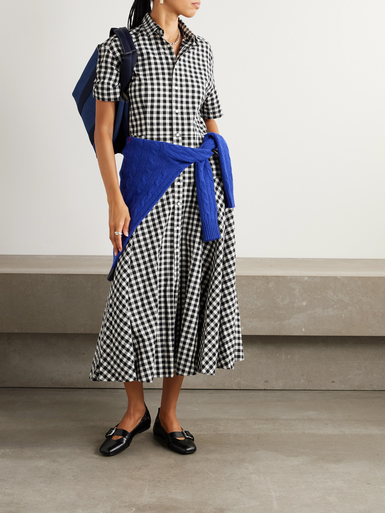 Polo Ralph Lauren Gingham-check Collared Midi Shirt Dress In Black