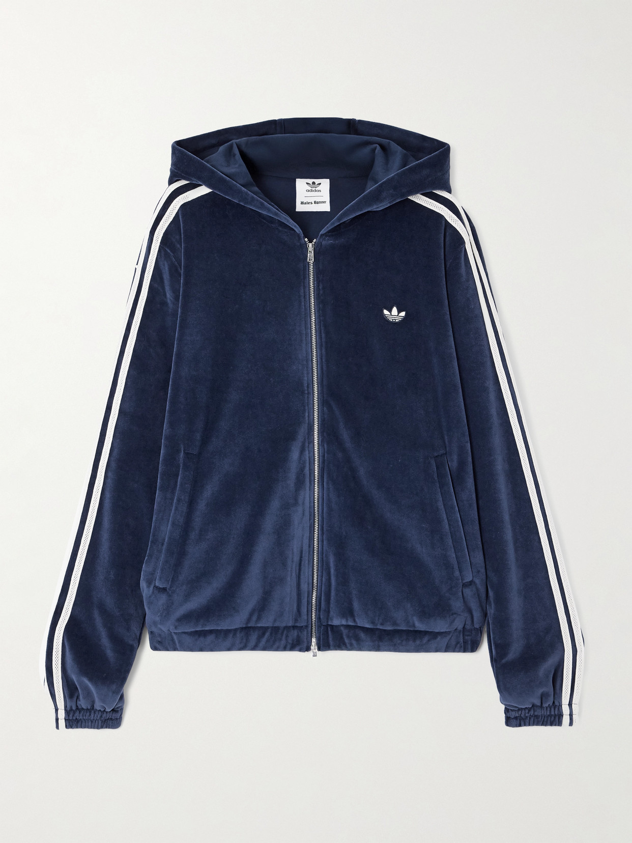 Adidas Originals + Wales Bonner Hooded Striped Cotton-blend Velour Zip-up Sweatshirt In Blue