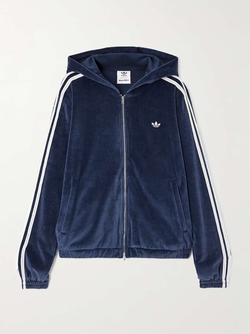 adidas Originals + Wales Bonner Hooded Striped Cotton-blend Velour Zip-up Sweatshirt