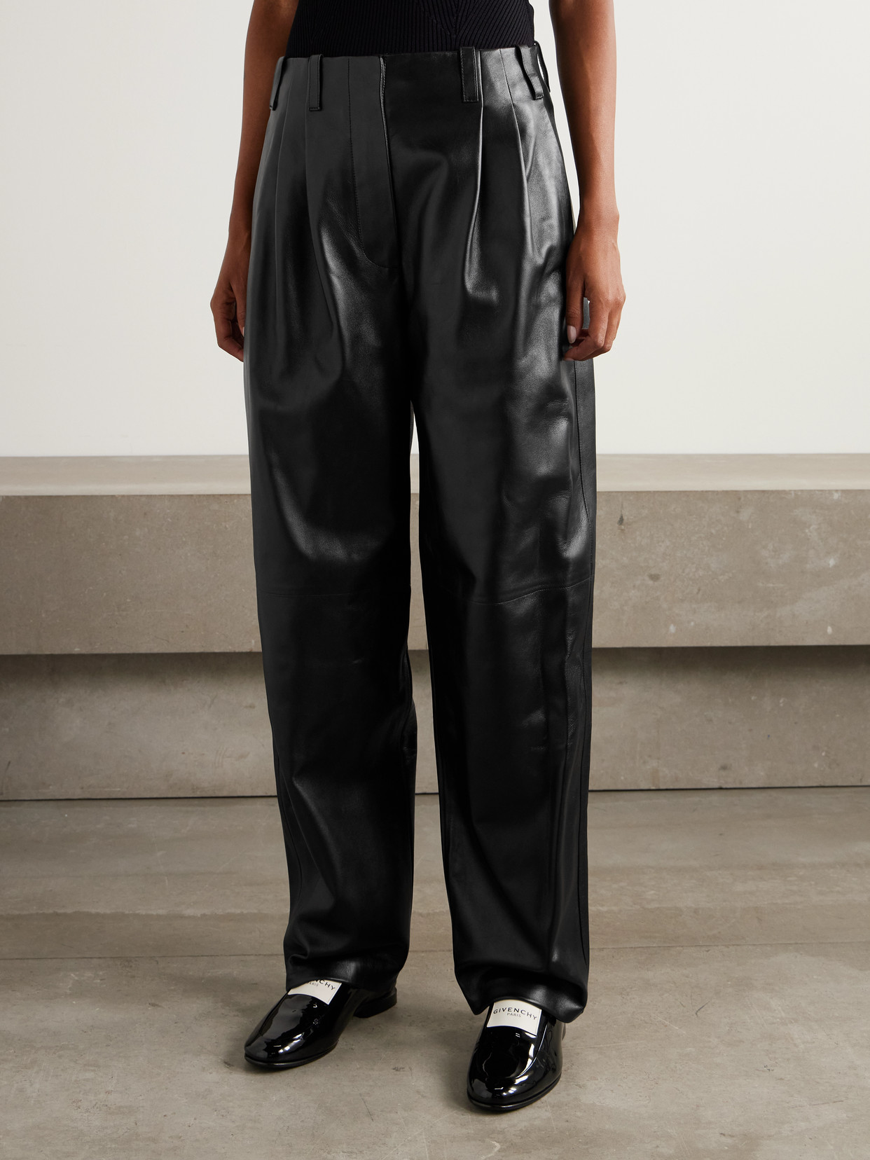 Givenchy Pleated Leather Barrel-leg Pants In Black