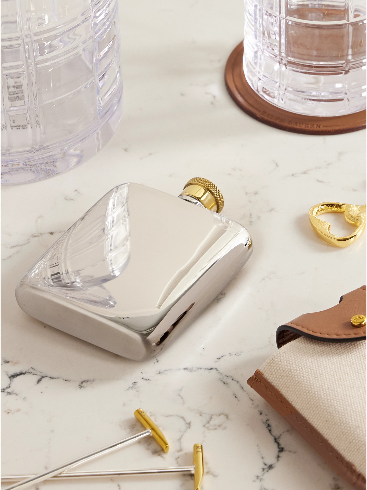 Ralph Lauren Garrett Silver-tone And Gold-tone Flask And Leather And Canvas Case