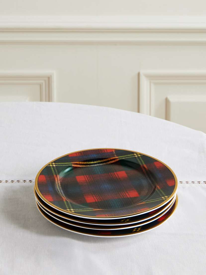 Ralph Lauren Home Alexander Set Of Four Gold-plated Checked Porcelain Plates