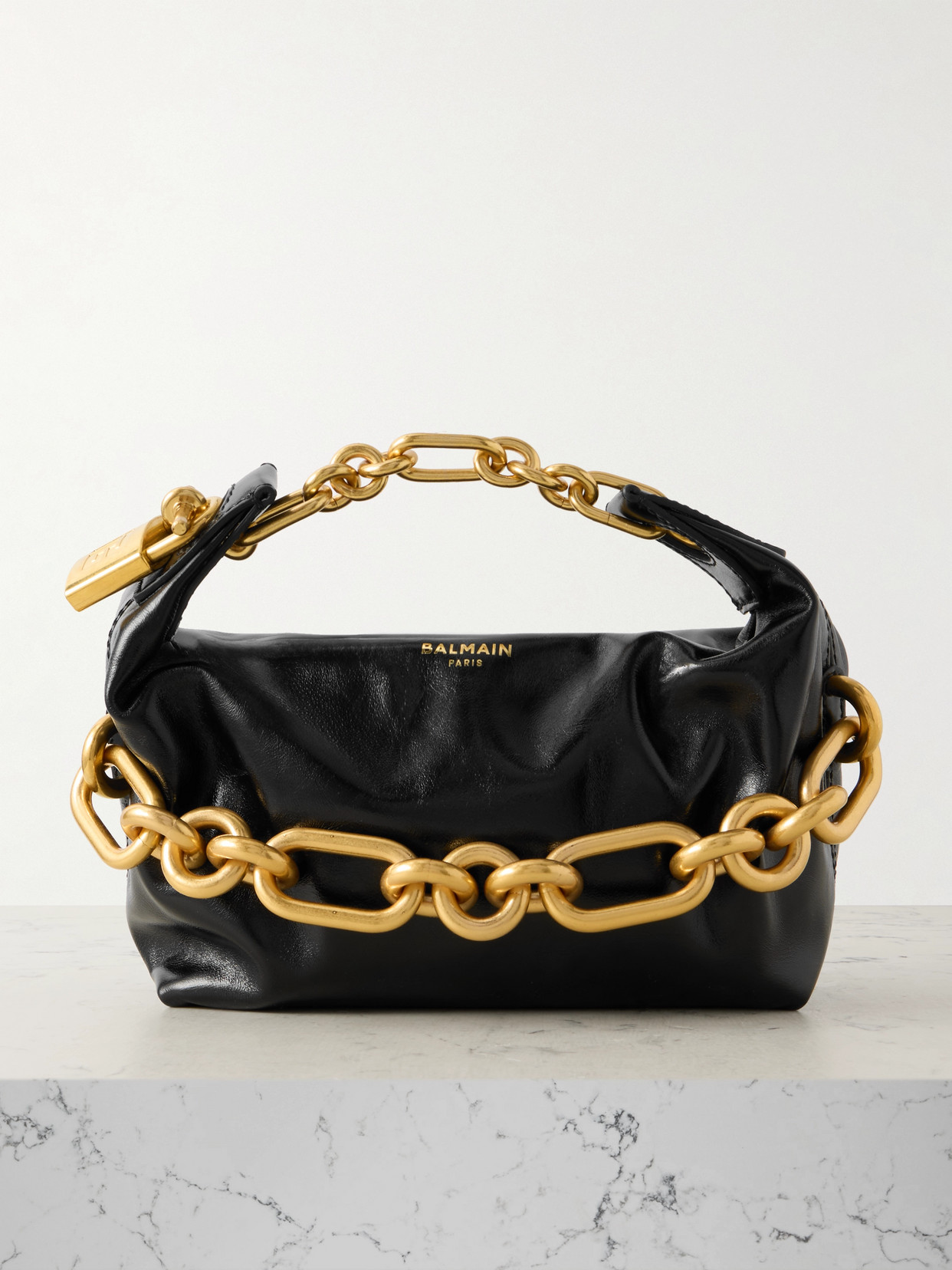 Balmain Sync Mini Chain-embellished Leather Tote In Black