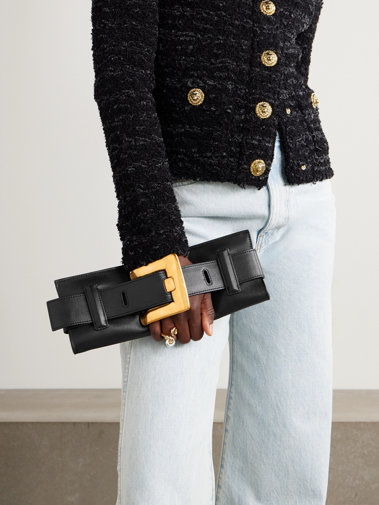 Balmain Anthem Buckled Leather Shoulder Bag In Black