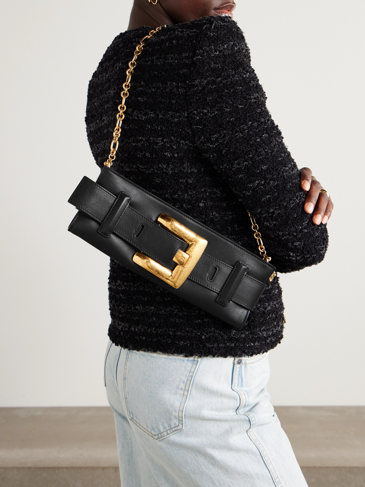 Balmain Anthem Buckled Leather Shoulder Bag In Black