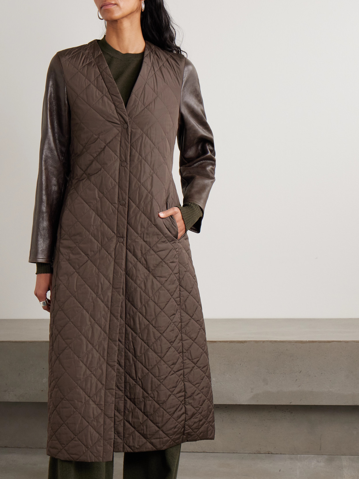Max Mara Berta Leather-trimmed Quilted Shell Coat In Brown