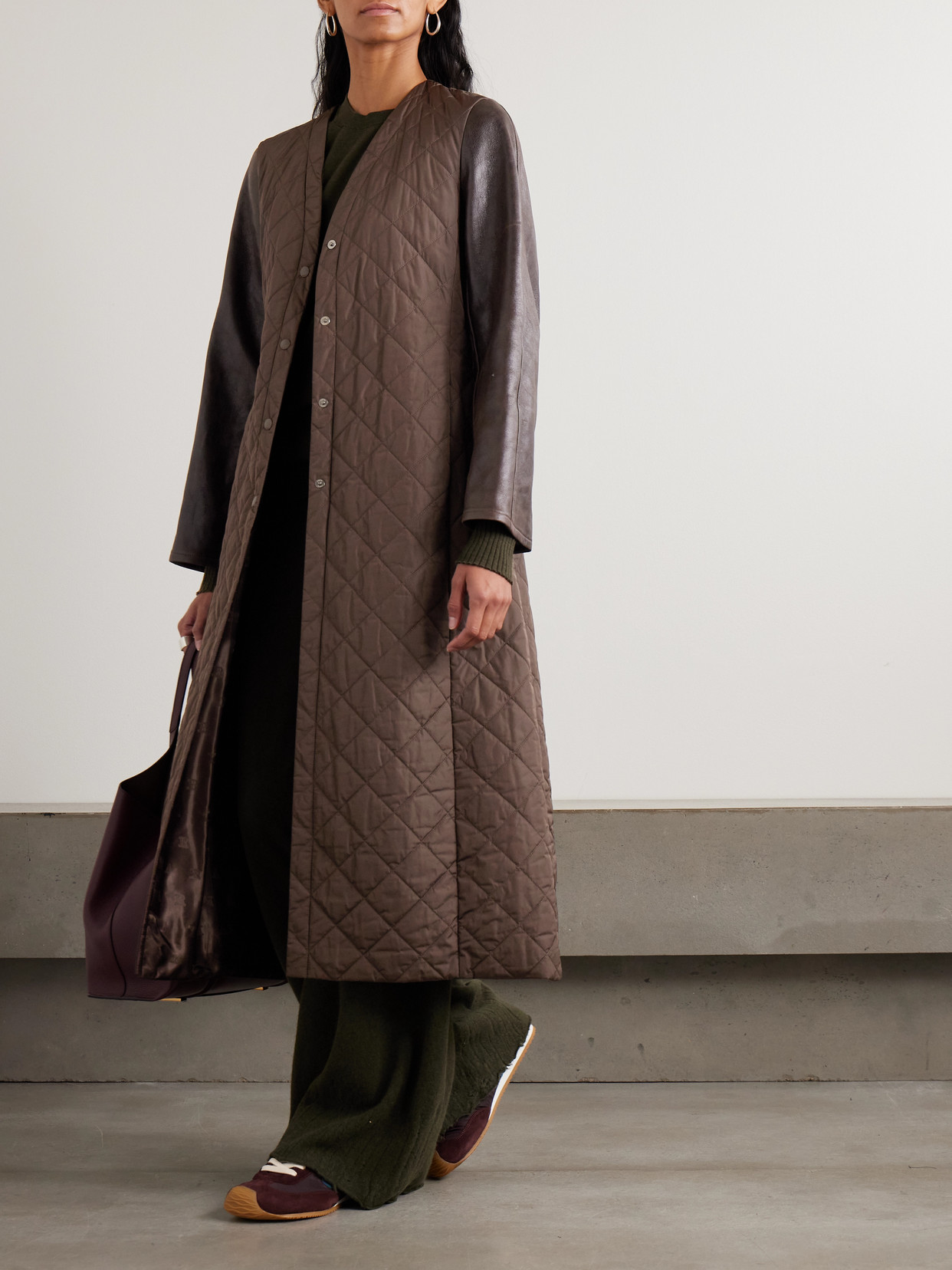 Max Mara Berta Leather-trimmed Quilted Shell Coat In Brown
