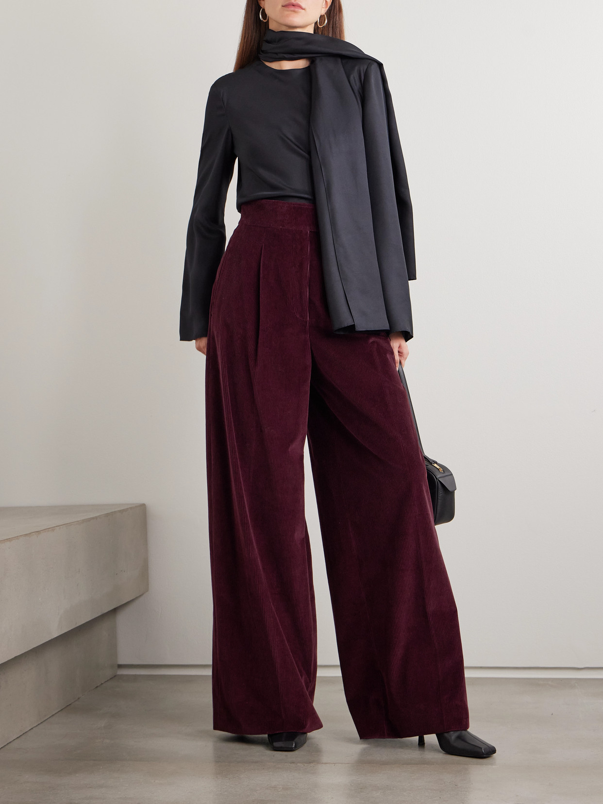 Max Mara Pleated Cotton-corduroy Wide-leg Pants In Burgundy