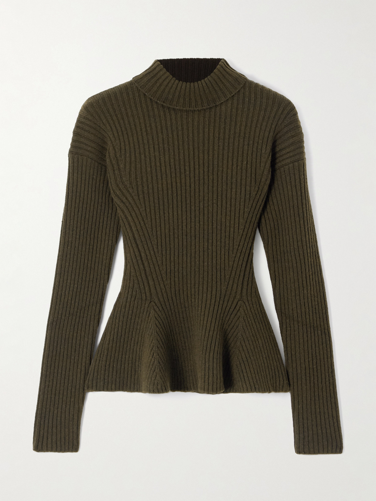 Max Mara Ribbed Wool-blend Turtleneck Peplum Sweater In Green