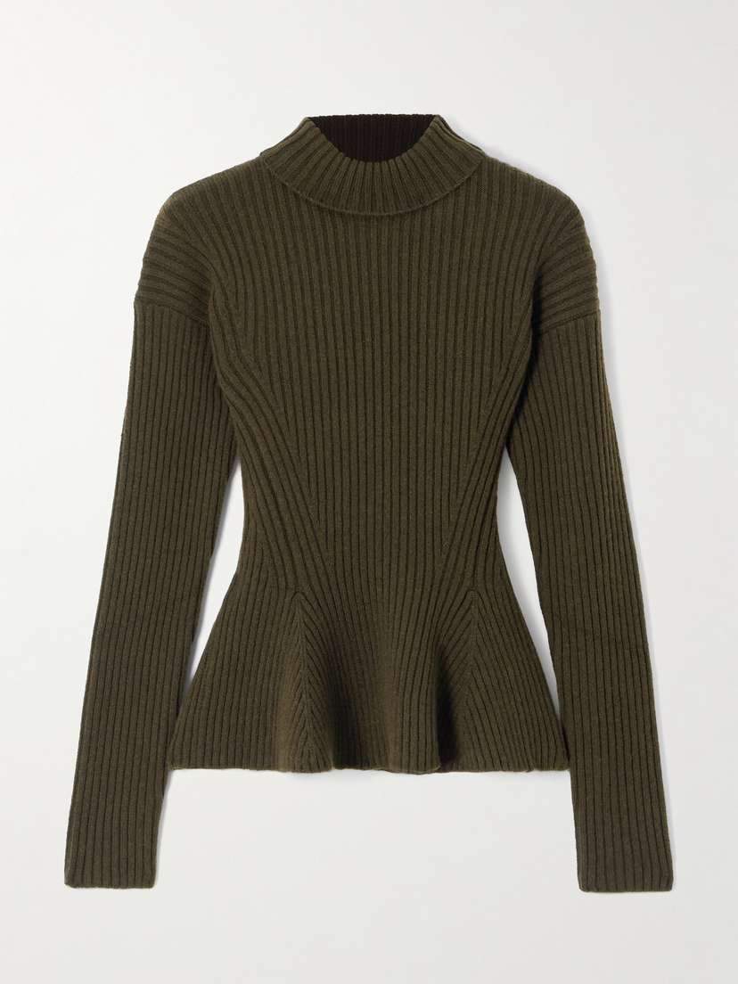 Max Mara Ribbed Wool-blend Turtleneck Peplum Sweater
