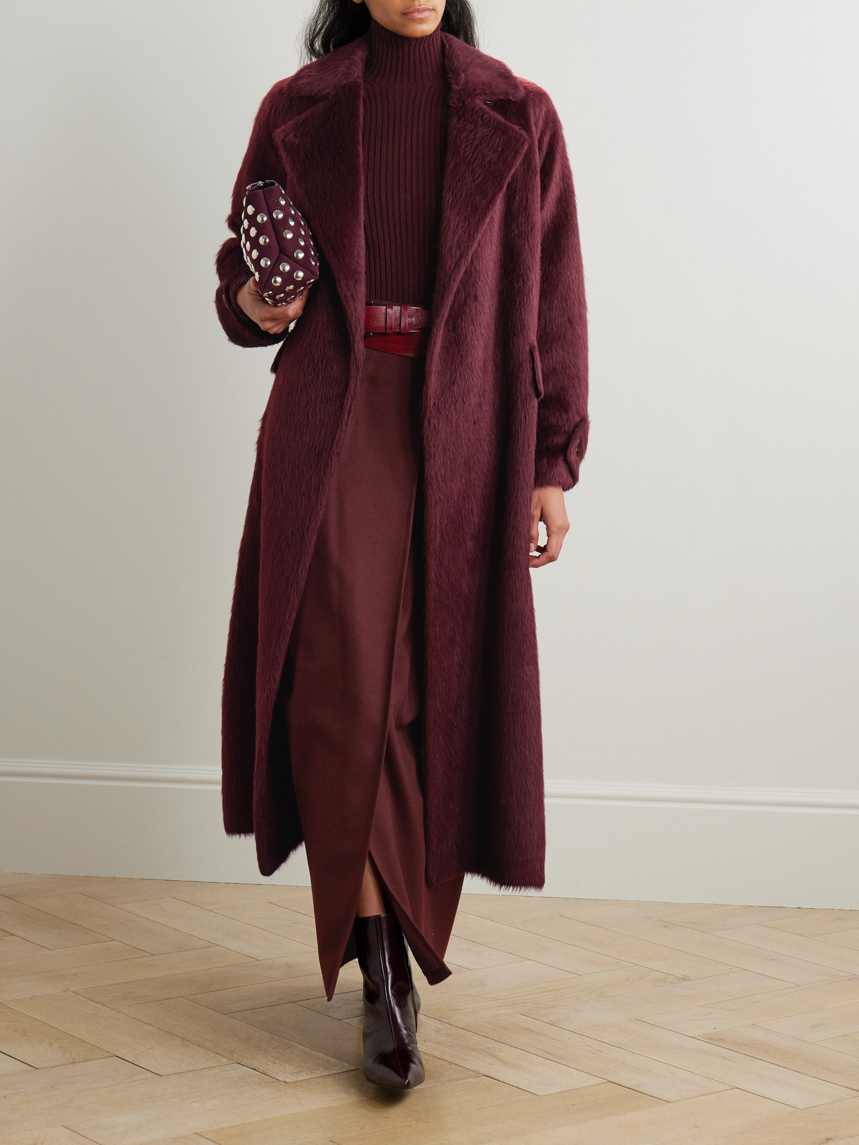 Max Mara Albata Belted Alpaca And Wool-blend Coat In Burgundy