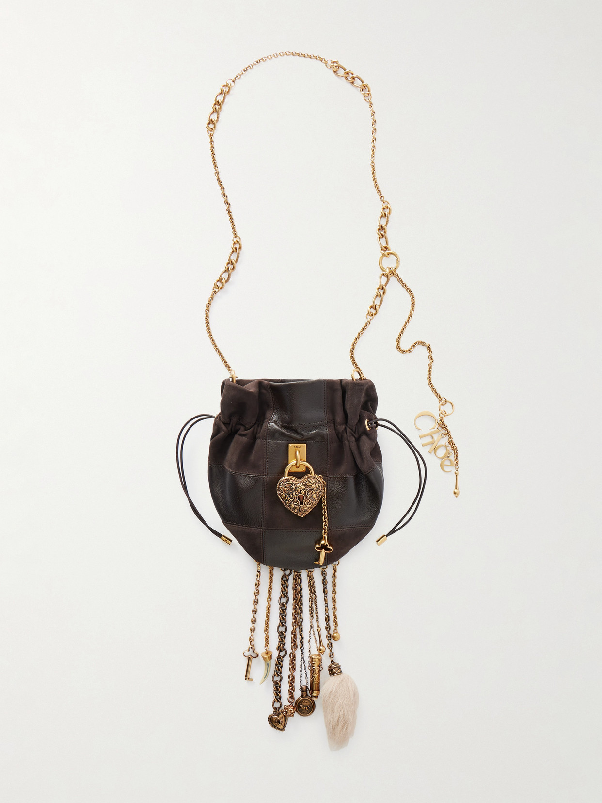 Chloé Château Treasures Embellished Patchwork Suede And Leather Shoulder Bag In Brown