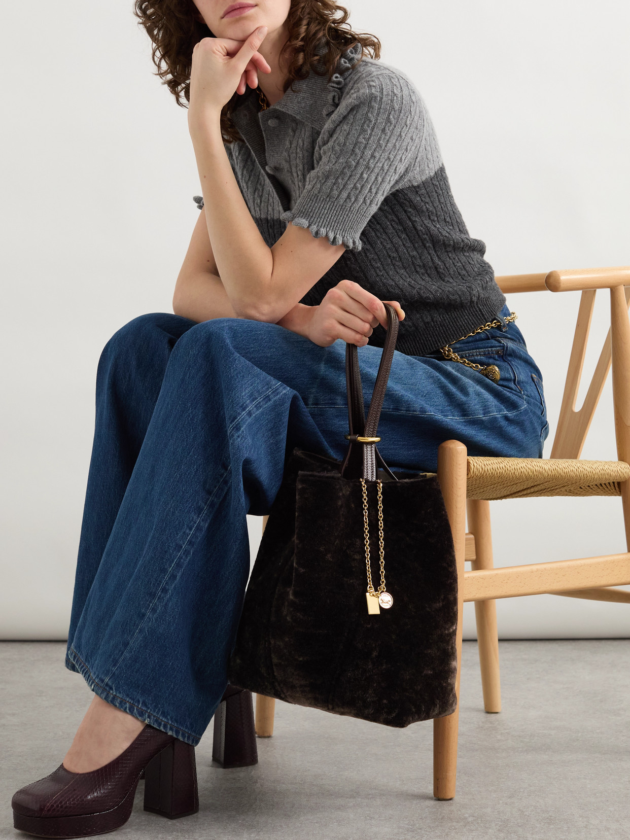 Chloé Spin Leather-trimmed Embellished Shearling Tote In Brown