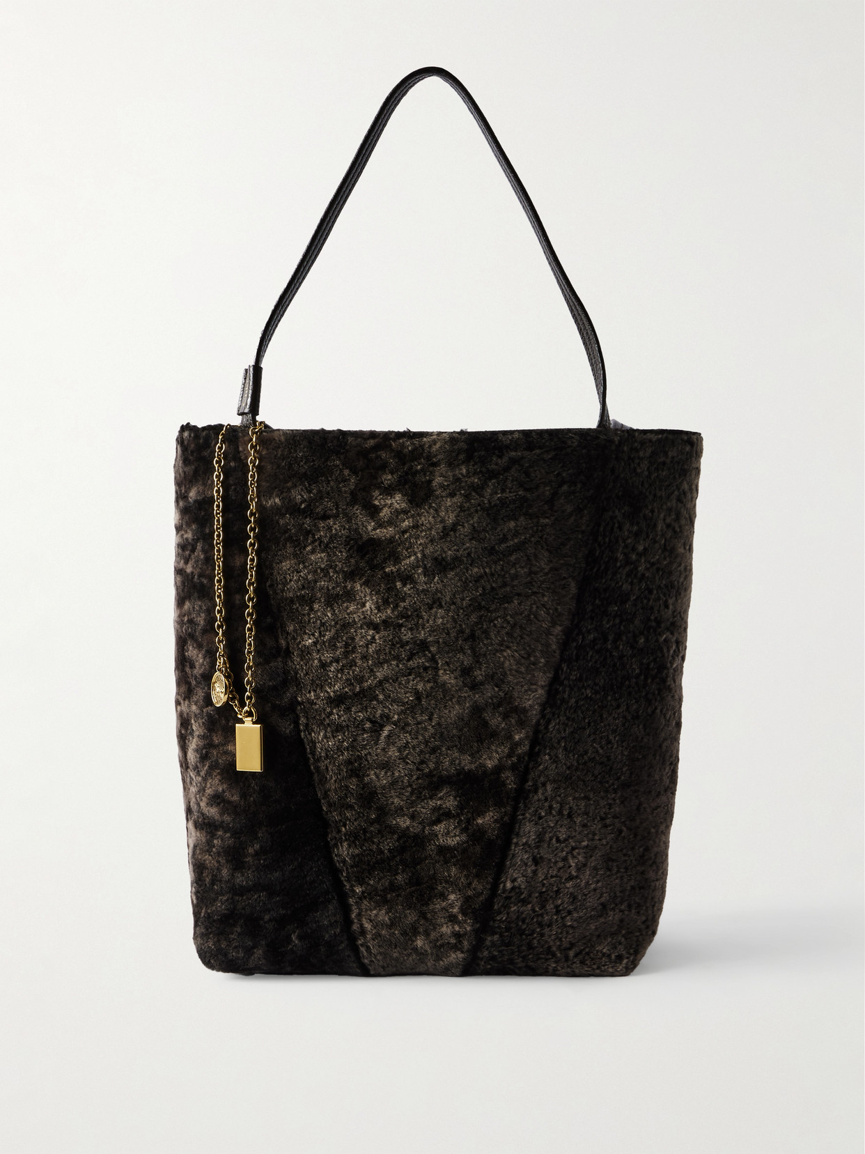 Chloé Spin Leather-trimmed Embellished Shearling Tote In Brown