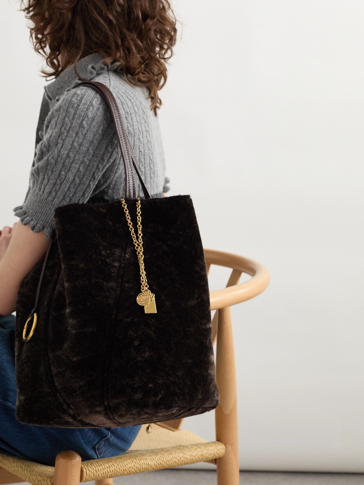 Chloé Spin Leather-trimmed Embellished Shearling Tote In Brown