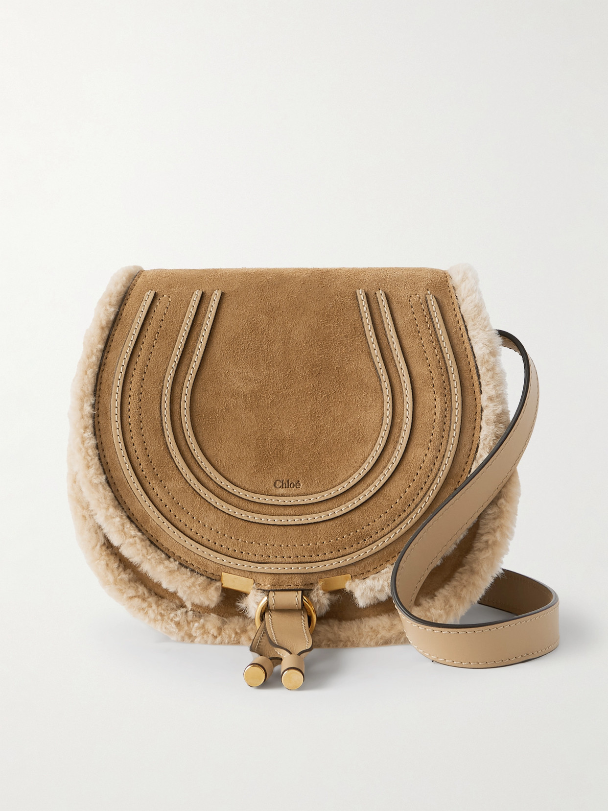 Chloé Marcie Shearling And Leather-trimmed Suede Shoulder Bag In Neutral