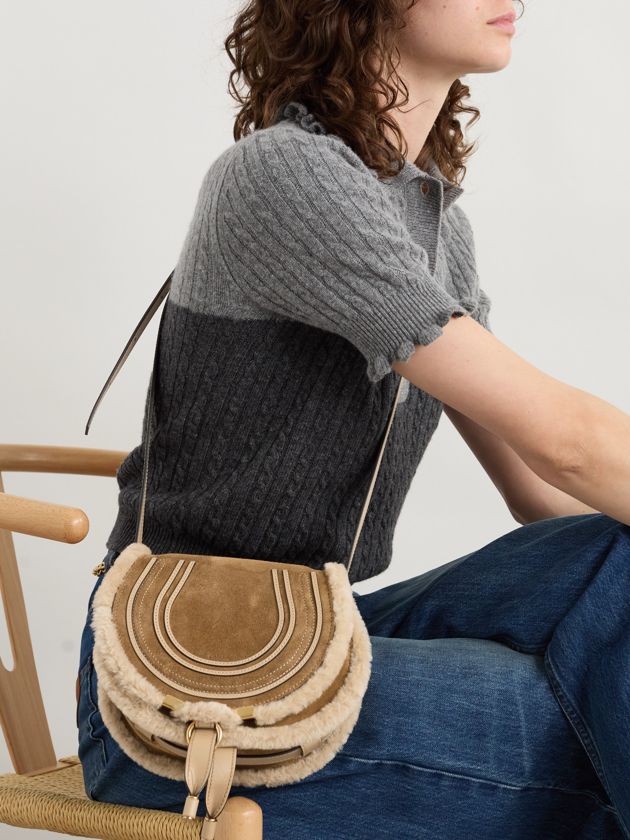 Chloé Marcie Shearling And Leather-trimmed Suede Shoulder Bag In Neutral