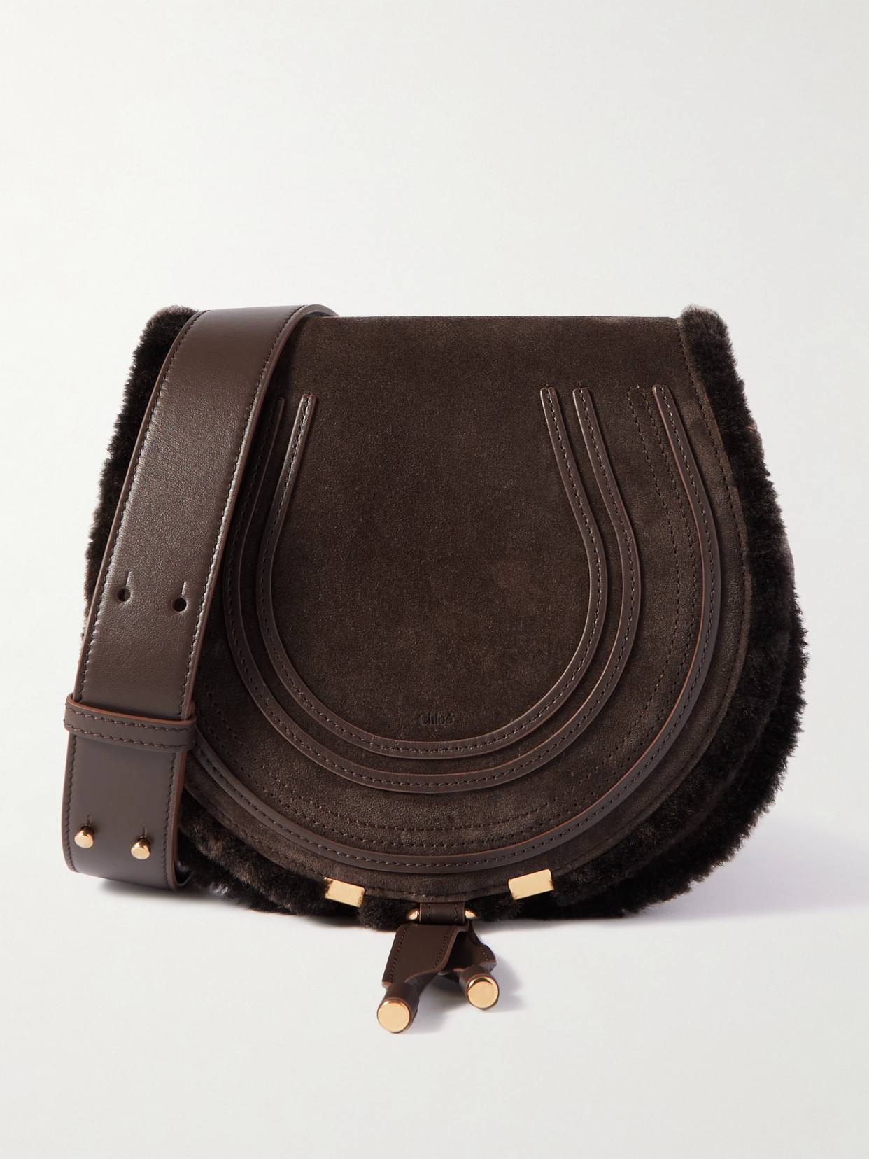Chloé Marcie Leather-trimmed Suede And Shearling Shoulder Bag In Brown