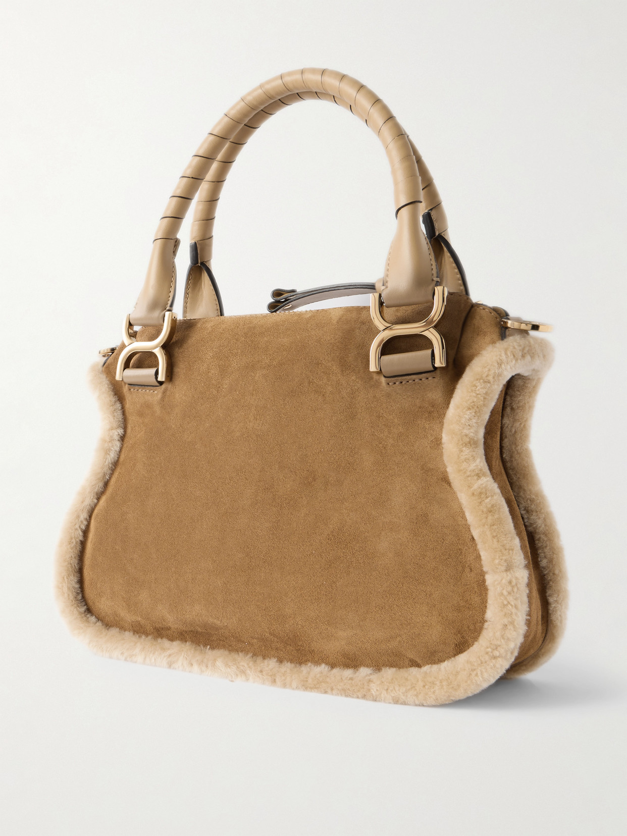 Chloé Marcie Small Leather And Shearling-trimmed Suede Shoulder Bag In Neutral