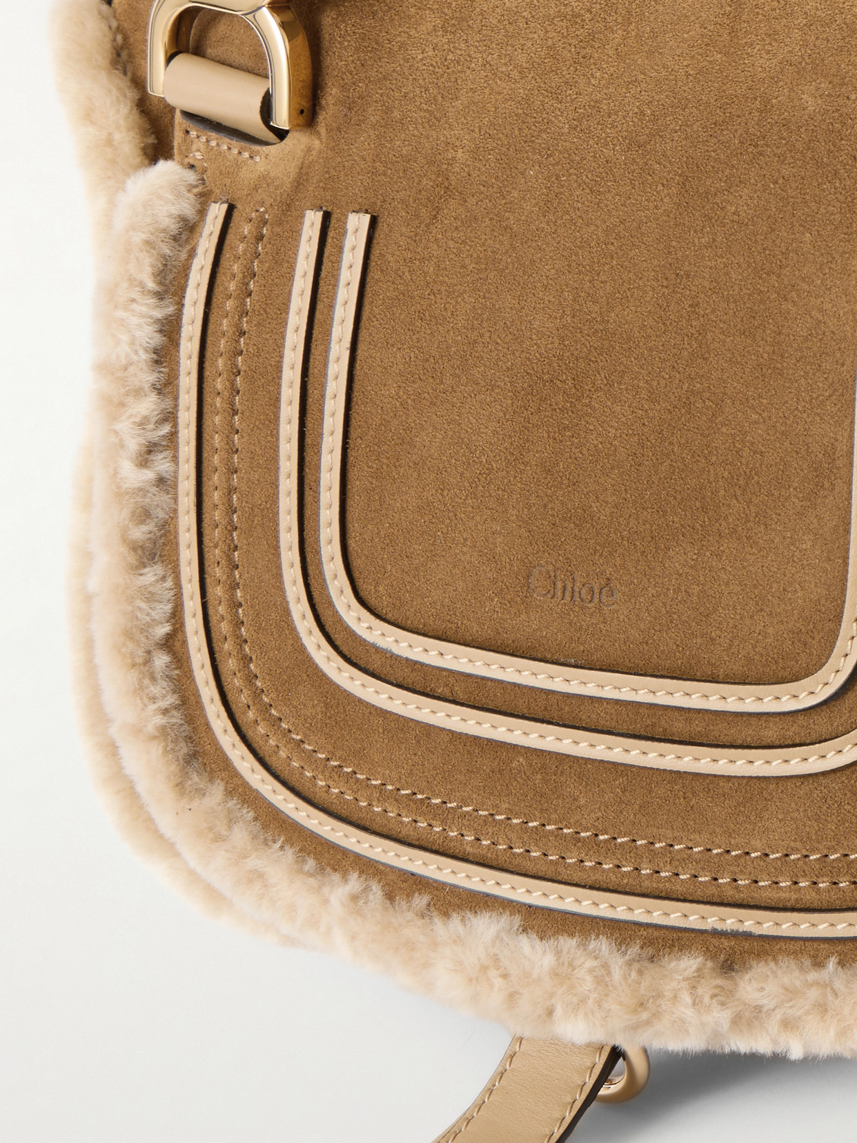 Chloé Marcie Small Leather And Shearling-trimmed Suede Shoulder Bag In Neutral
