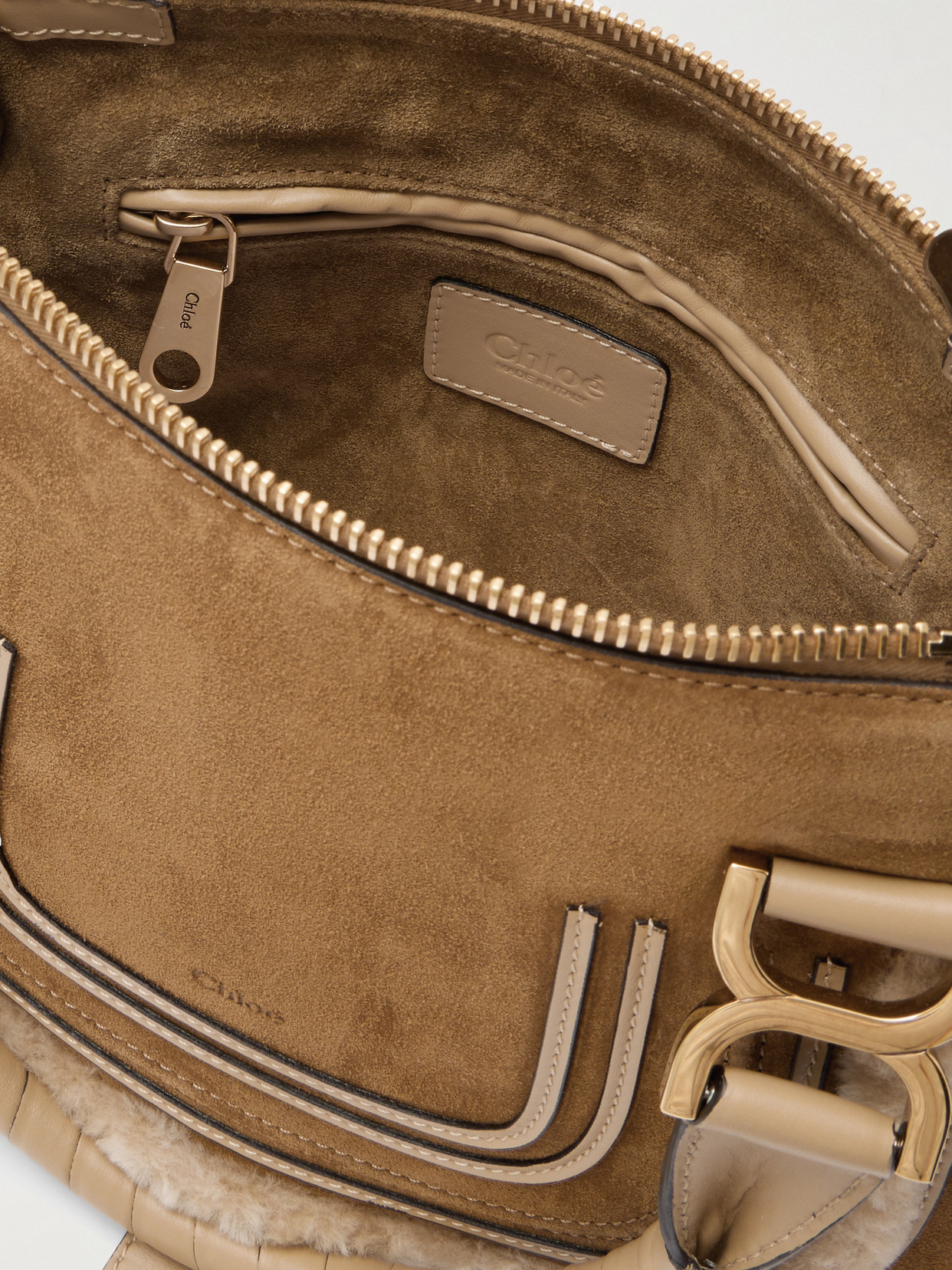 Chloé Marcie Small Leather And Shearling-trimmed Suede Shoulder Bag In Neutral