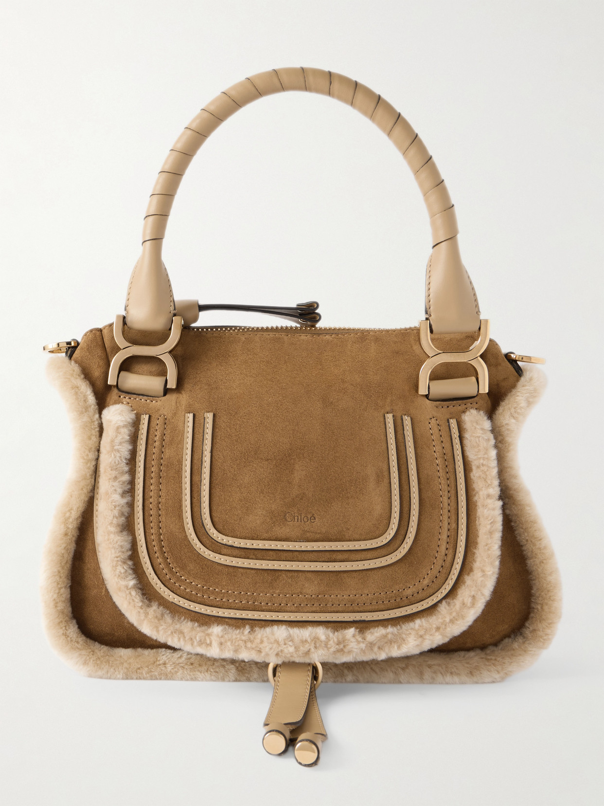 Chloé Marcie Small Leather And Shearling-trimmed Suede Shoulder Bag In Neutral