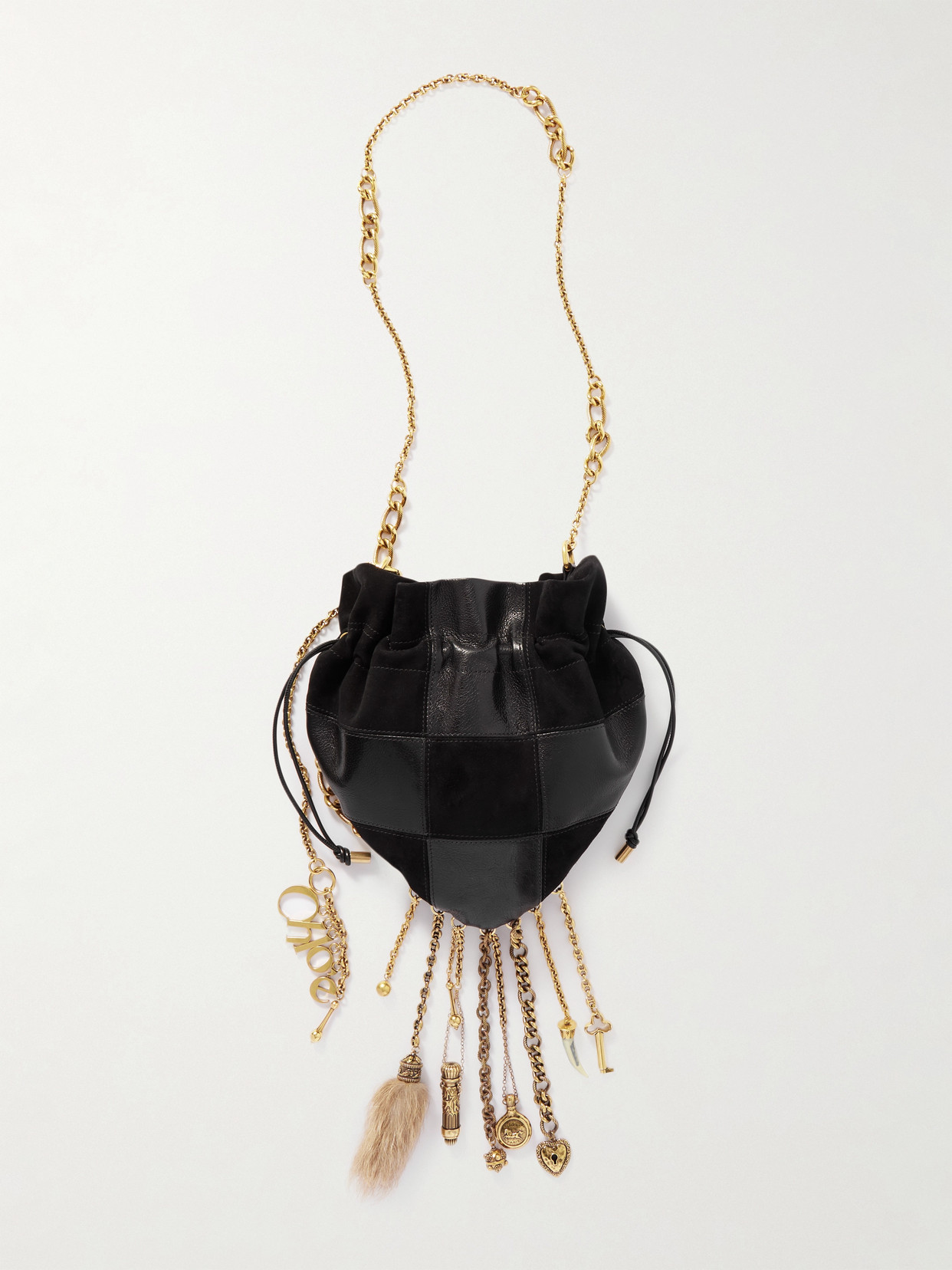 Chloé Château Treasures Embellished Patchwork Suede And Leather Shoulder Bag In Black