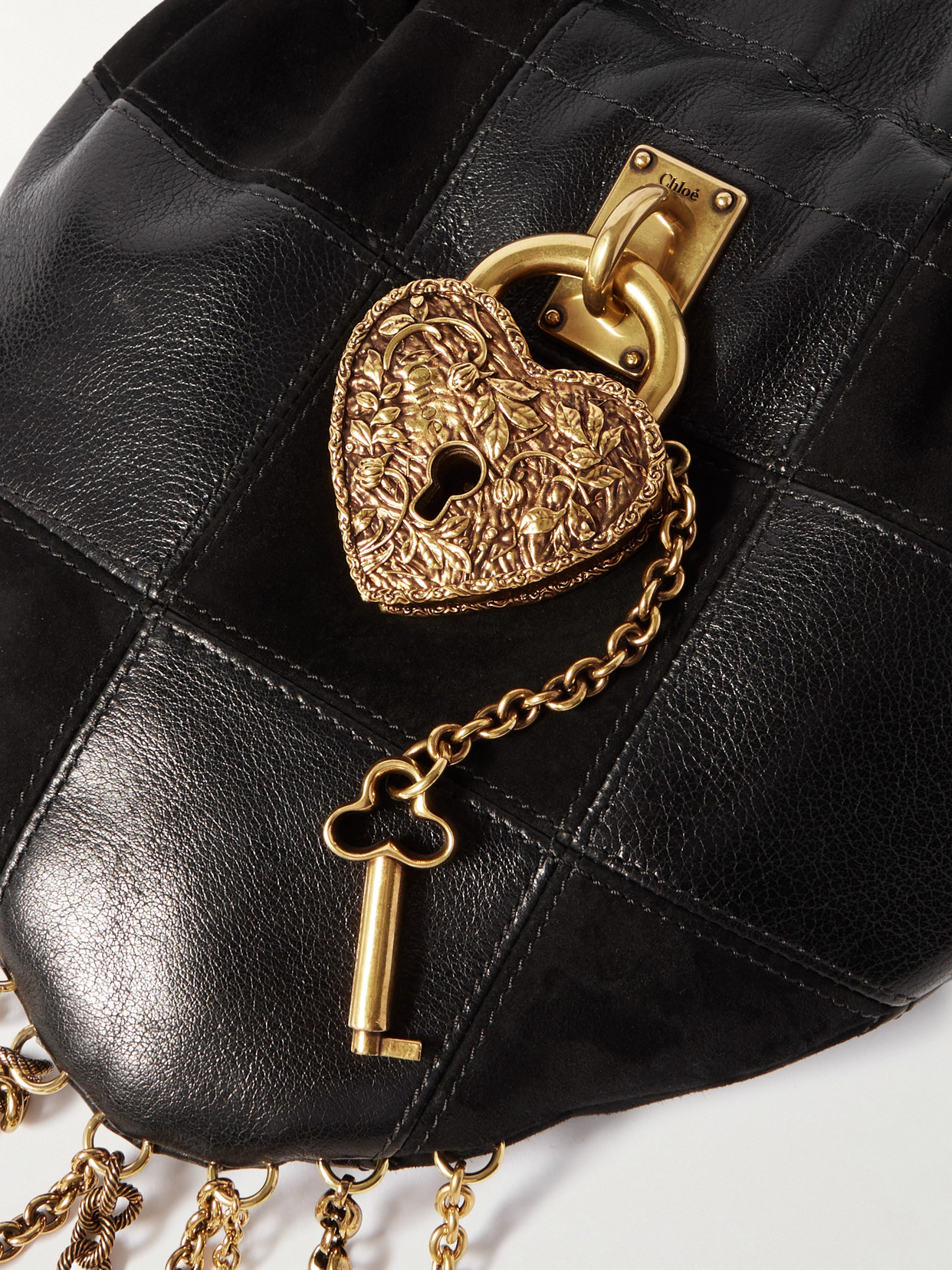 Chloé Château Treasures Embellished Patchwork Suede And Leather Shoulder Bag In Black
