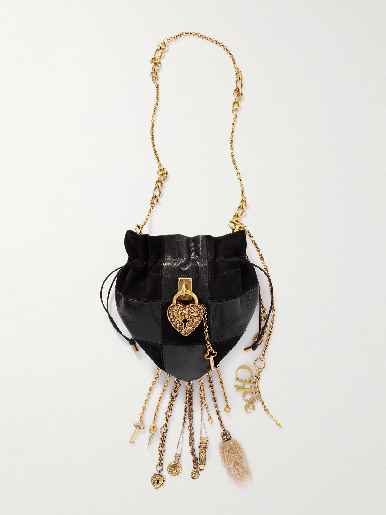 Chloé Château Treasures Embellished Patchwork Suede And Leather Shoulder Bag In Black