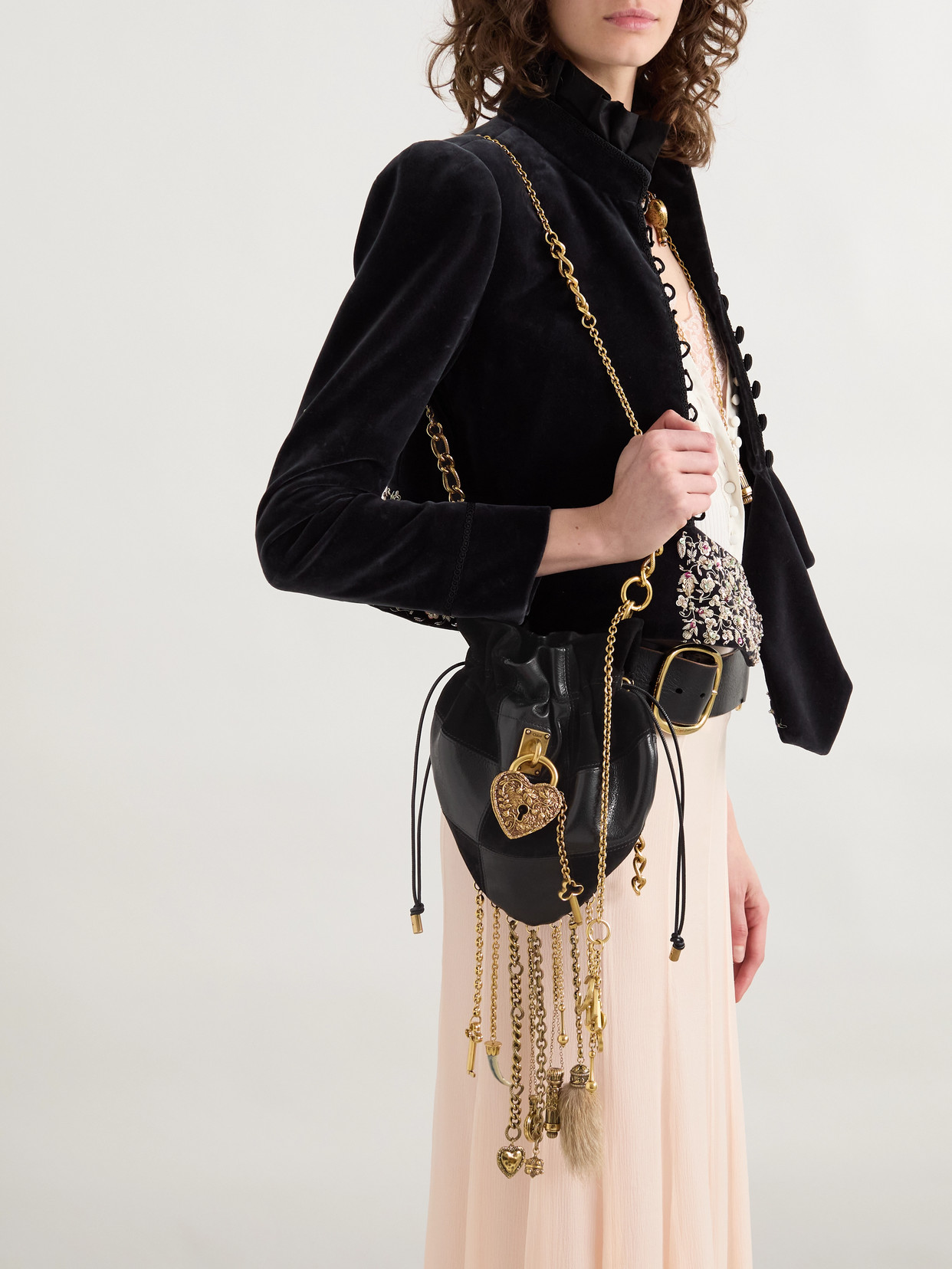 Chloé Château Treasures Embellished Patchwork Suede And Leather Shoulder Bag In Black