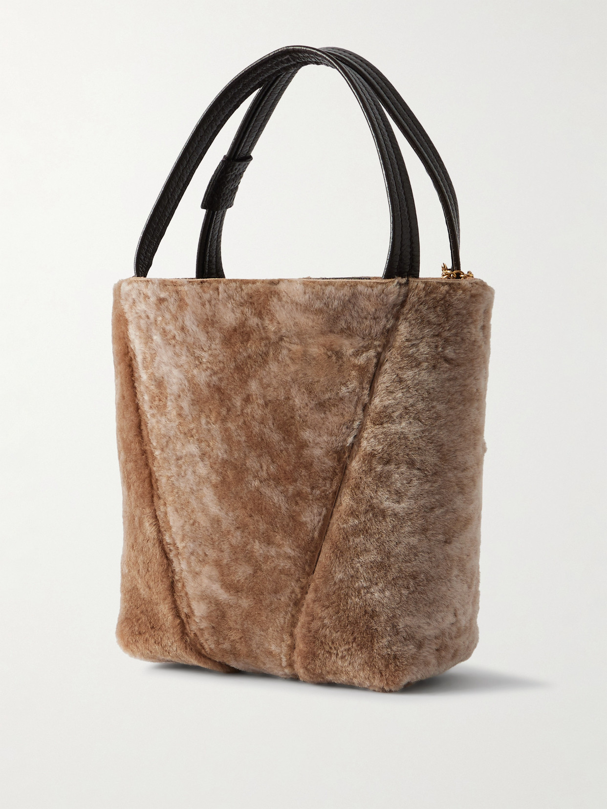 Chloé Spin Embellished Leather-trimmed Shearling Tote In Neutral