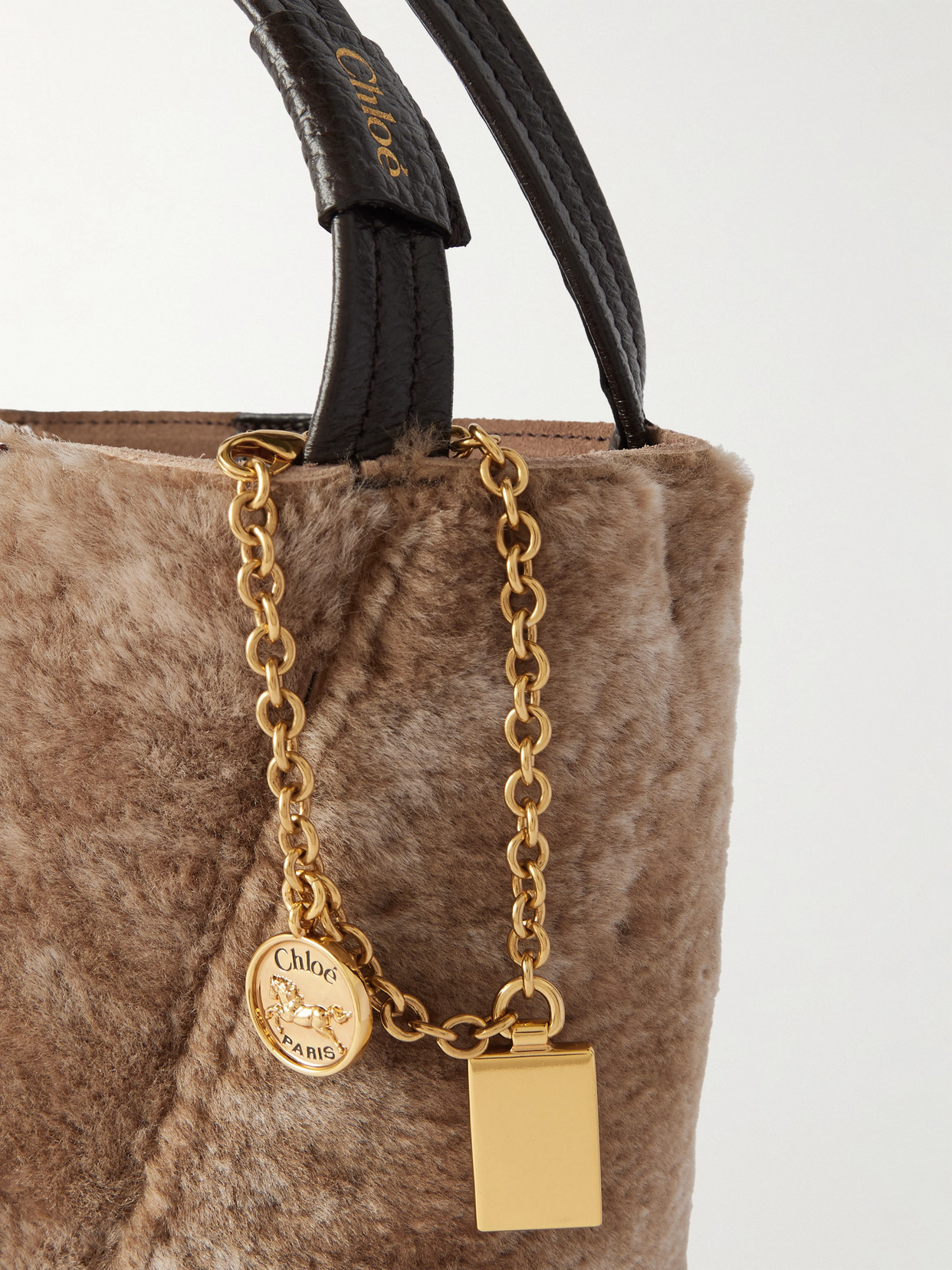 Chloé Spin Embellished Leather-trimmed Shearling Tote In Neutral