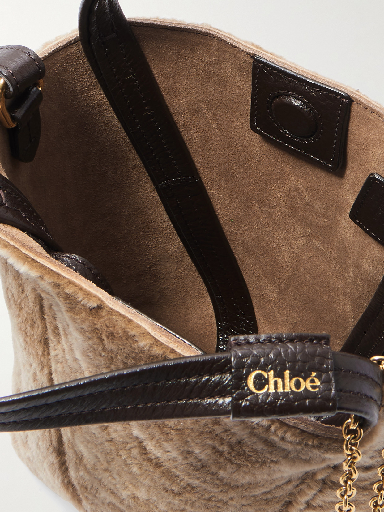 Chloé Spin Embellished Leather-trimmed Shearling Tote In Neutral