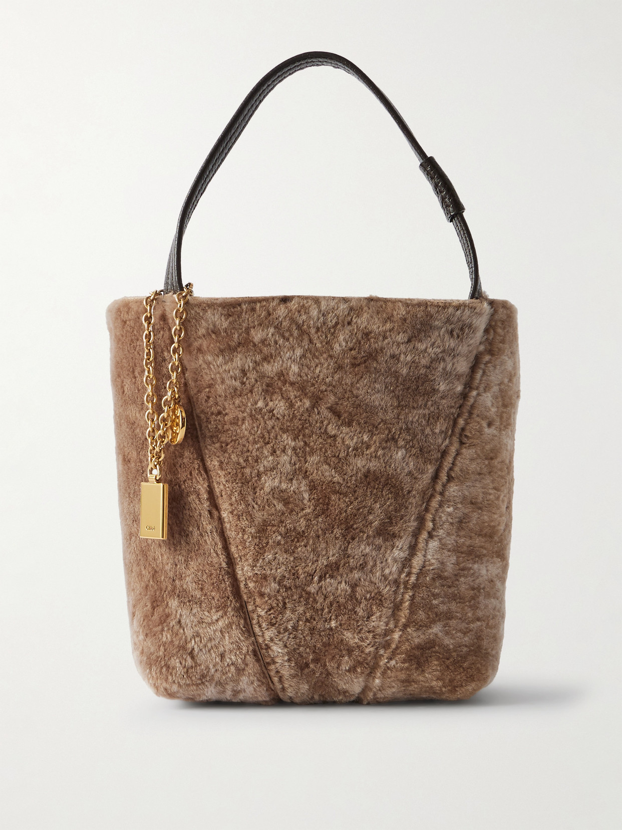 Chloé Spin Embellished Leather-trimmed Shearling Tote In Neutral