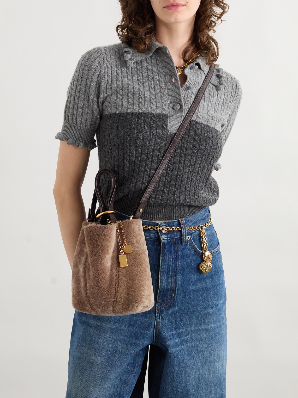 Chloé Spin Embellished Leather-trimmed Shearling Tote In Neutral