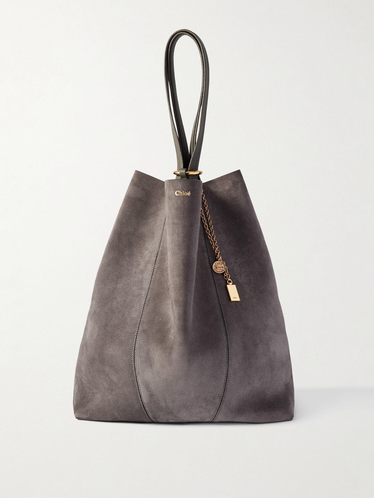 Chloé Spin Embellished Leather-trimmed Suede Tote In Gray