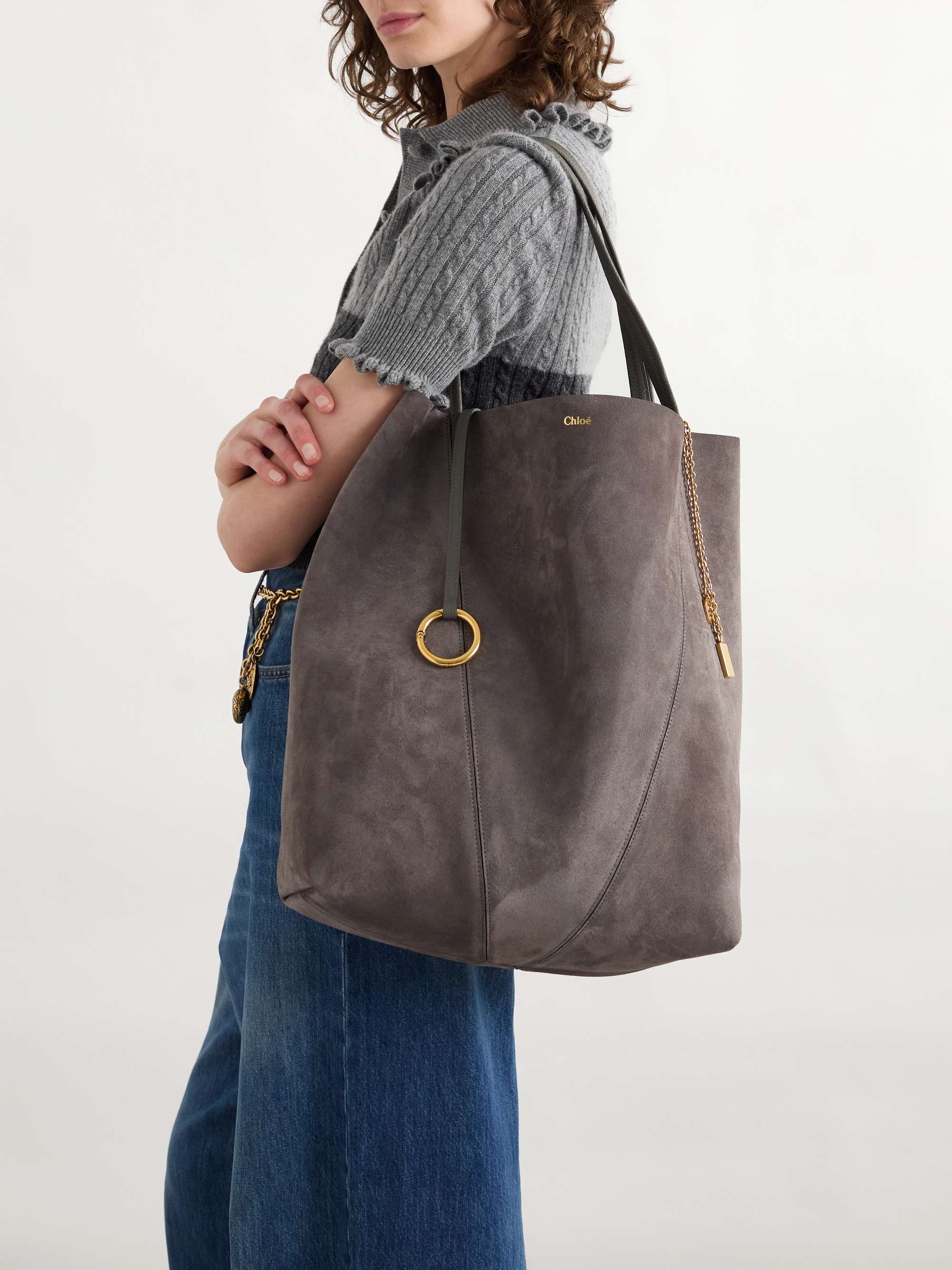 Spin embellished leather-trimmed suede tote - gray - One Size
